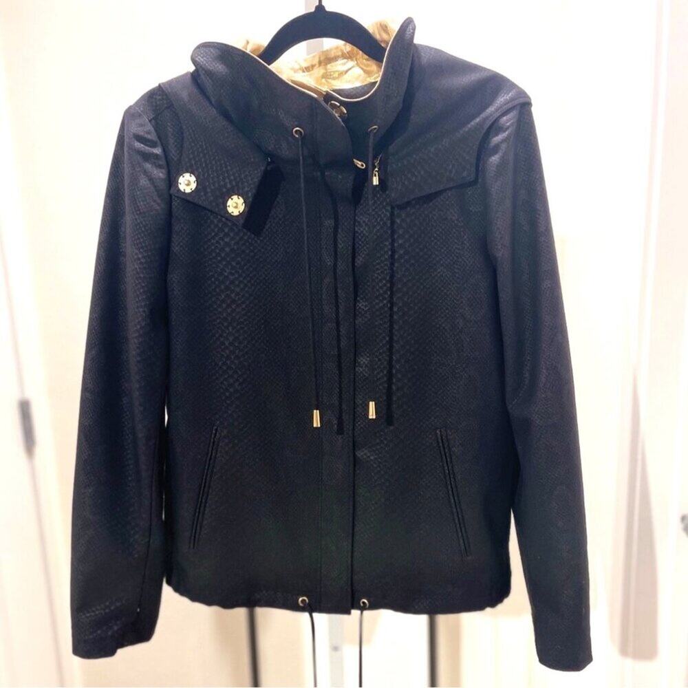 St John Collection Women Black Snakeskin Embossed Hooded Jacket Gold Trim S - Picture 2 of 8